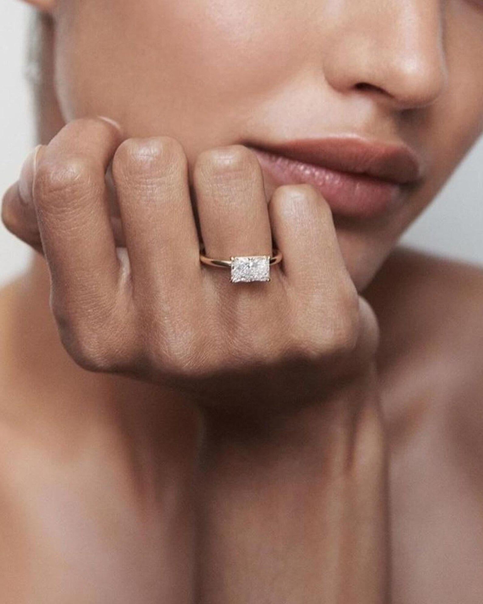 2Ct Radiant Cut Lab Grown Diamond East West 14K Gold Solitaire Ring