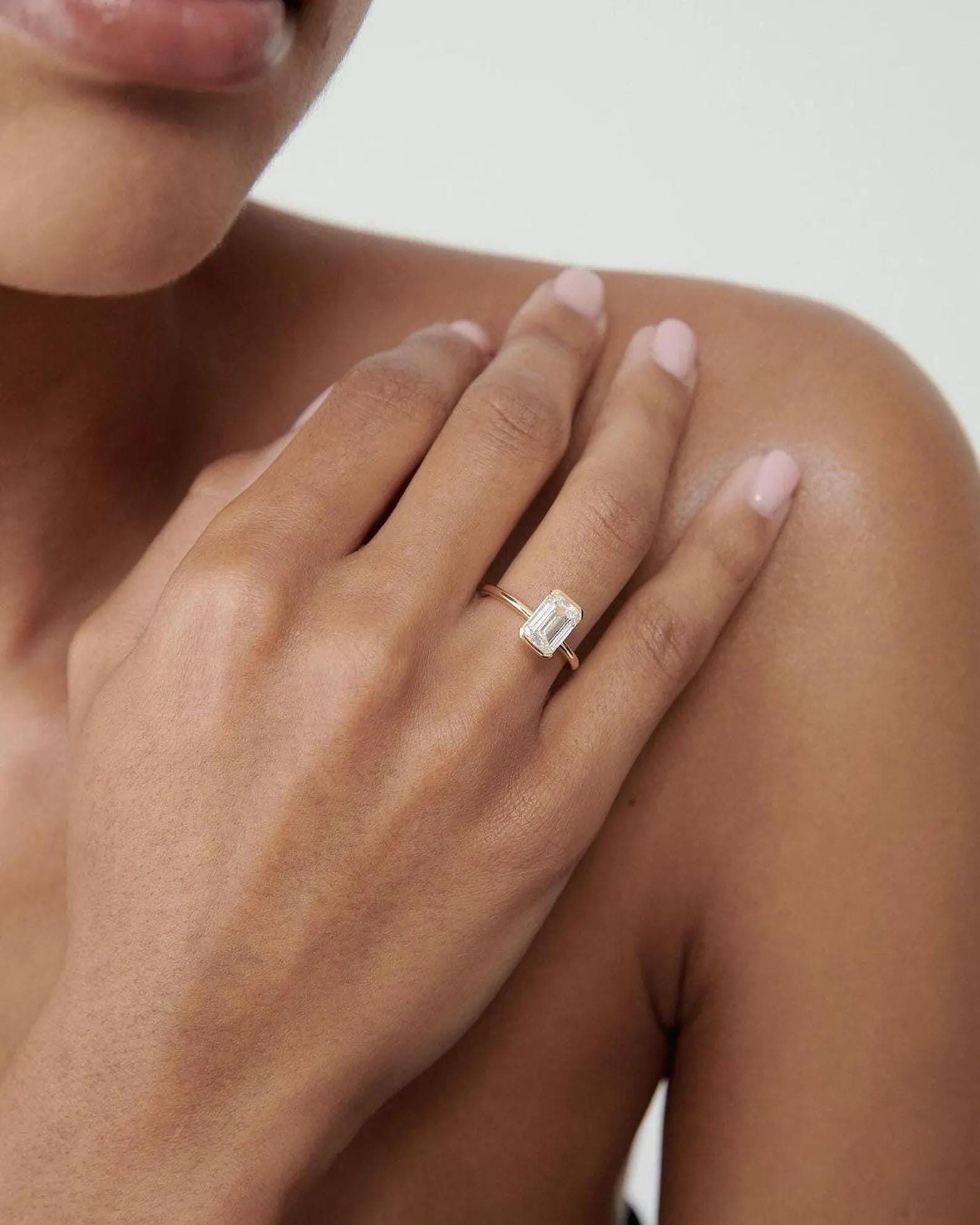2ct Emerald Cut Lab Diamond Engagement Ring | 14K Gold Half Bezel, IGI Certified