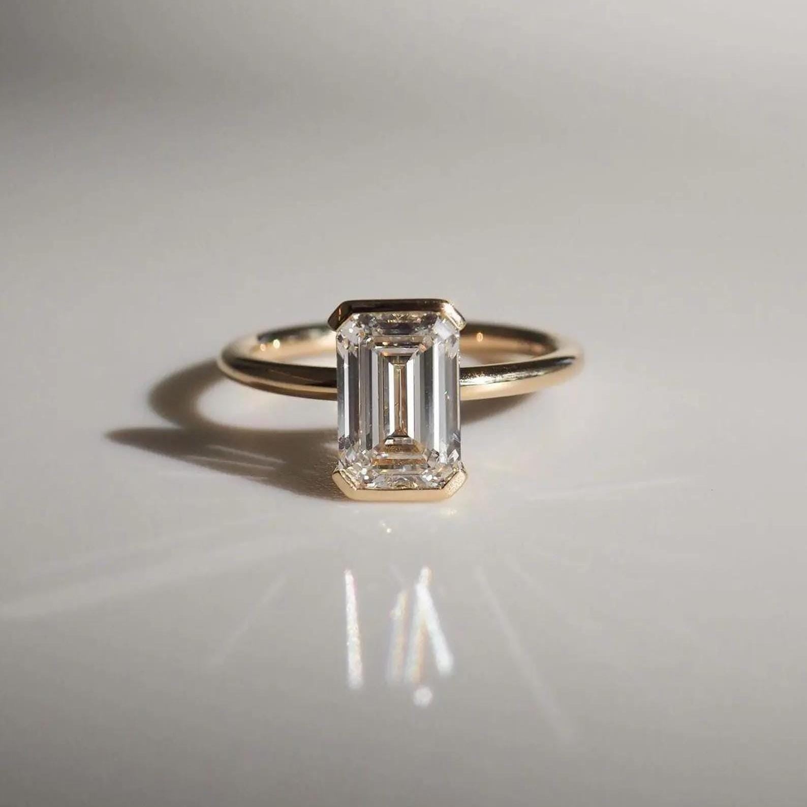 2ct Emerald Cut Lab Diamond Engagement Ring | 14K Gold Half Bezel, IGI Certified