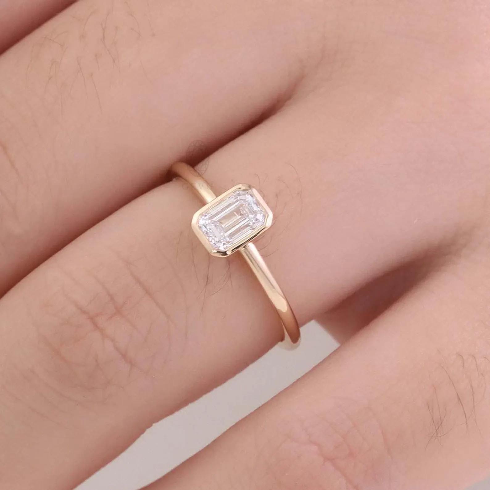 1ct Emerald Cut Lab Grown Diamond Ring | 14K Gold Bezel Solitaire
