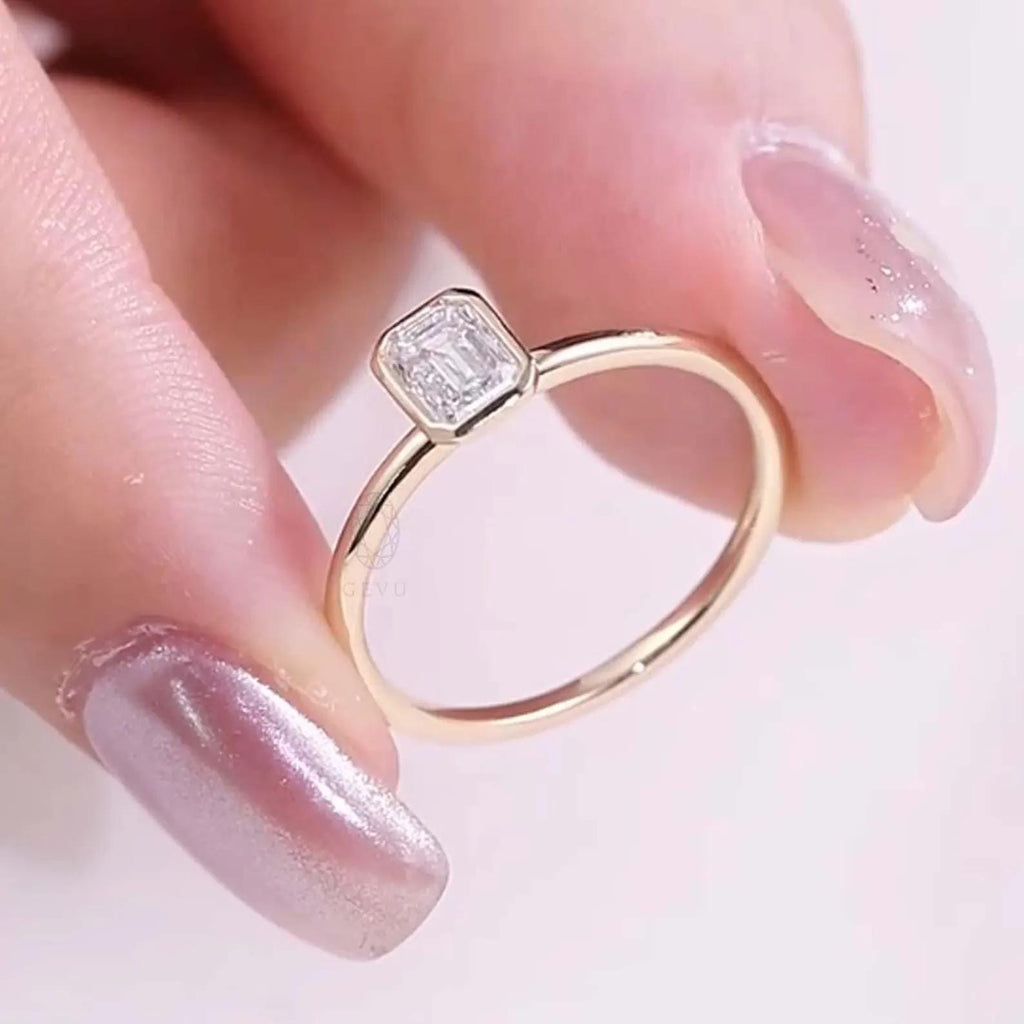 1ct Emerald Cut Lab Grown Diamond Ring | 14K Gold Bezel Solitaire