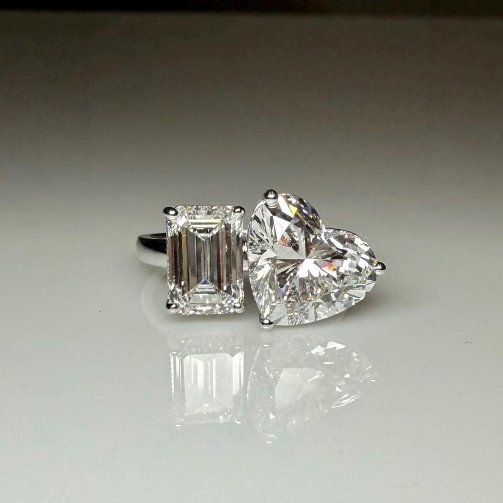 6CT Lab Grown Diamond Toi et Moi Ring: 14K Gold Heart & Emerald Cut