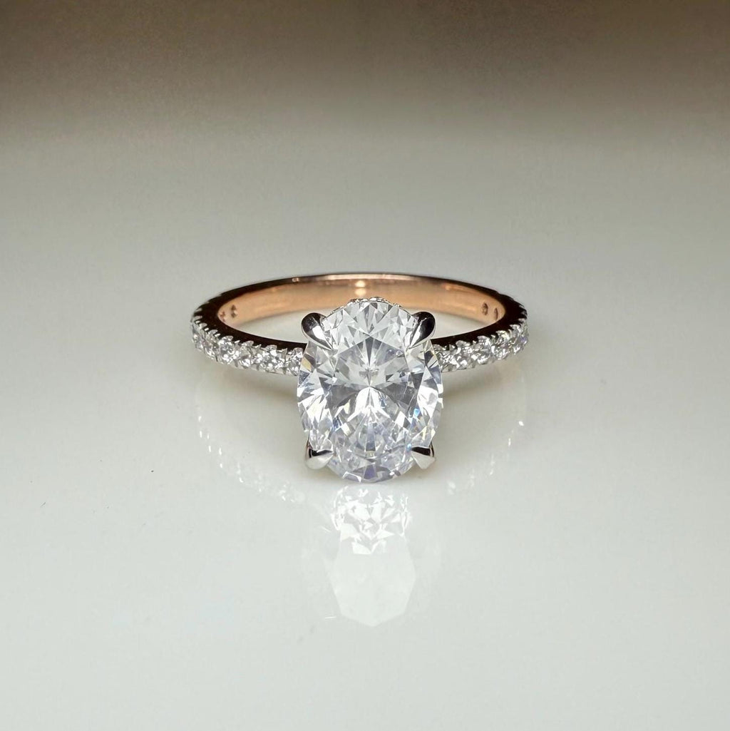 2.30ct Oval Lab Grown Diamond Engagement Ring | 14K Gold Hidden Halo Pavé Band