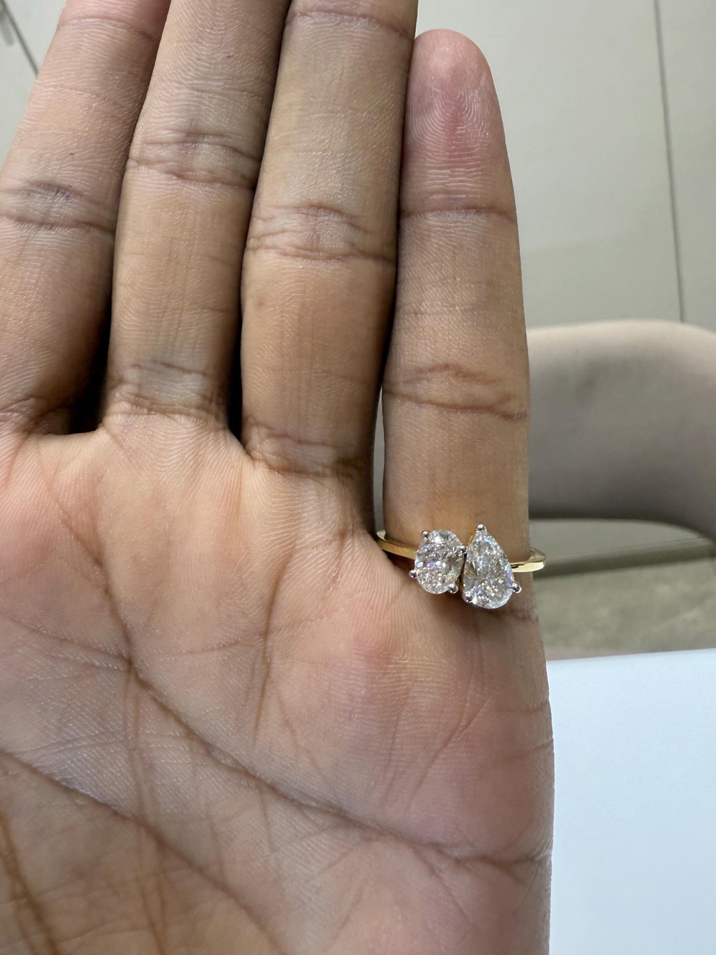 Lab Grown Diamond Toi et Moi Ring: 14K Gold Pear & Oval Cut Engagement Ring