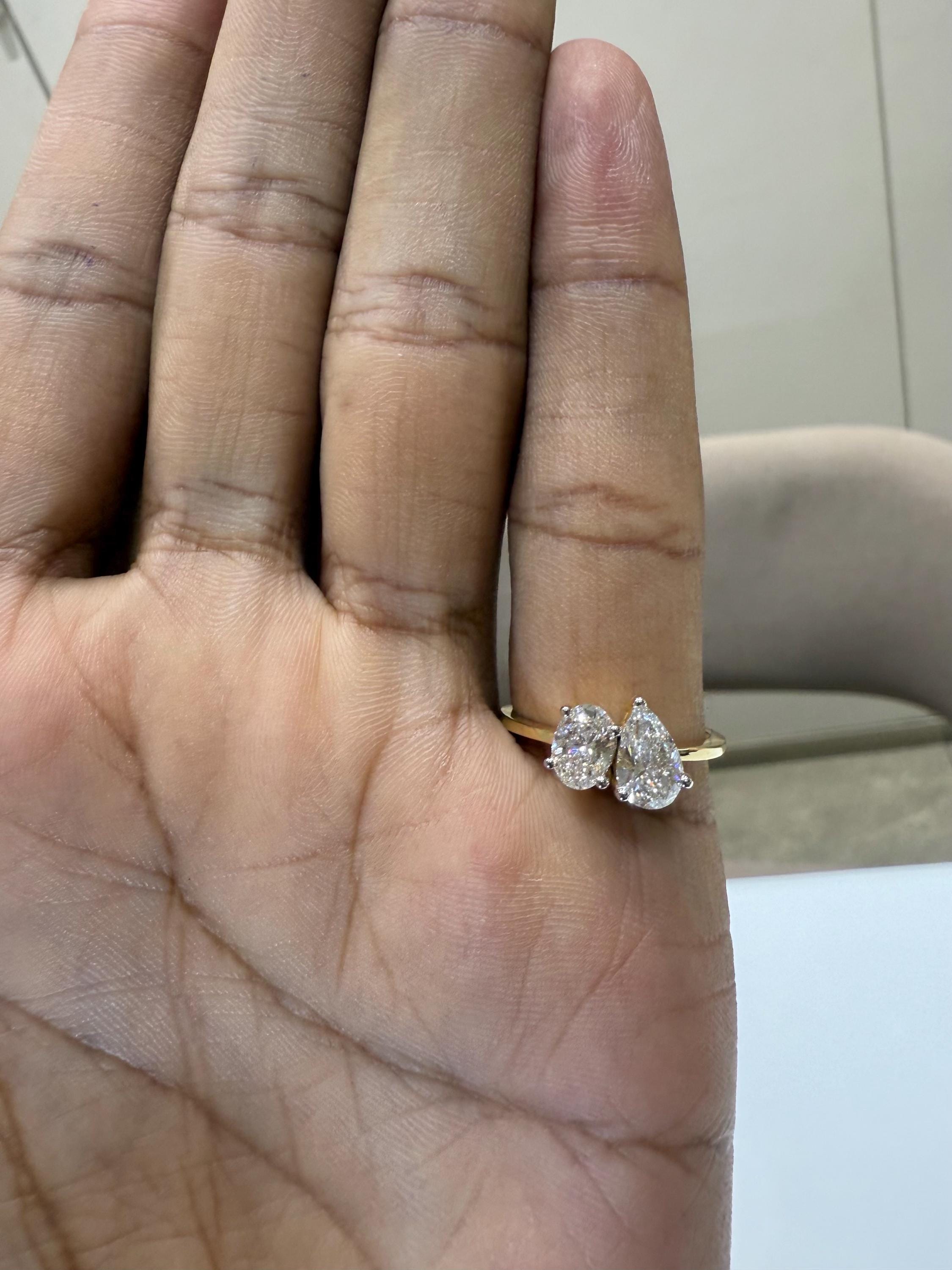 Lab Grown Diamond Toi et Moi Ring: 14K Gold Pear & Oval Cut Engagement Ring