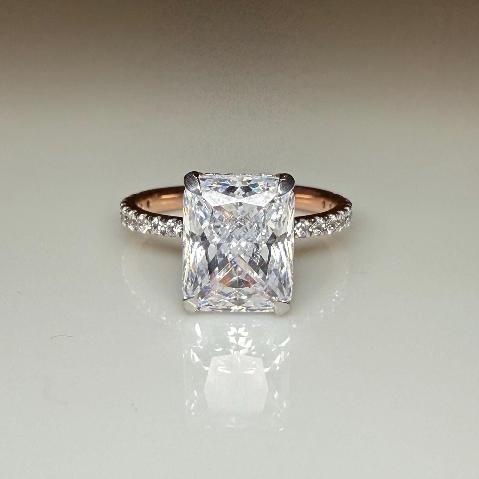 3.30ct Radiant Cut Lab Grown Diamond Engagement Ring | 14K Gold Hidden Halo
