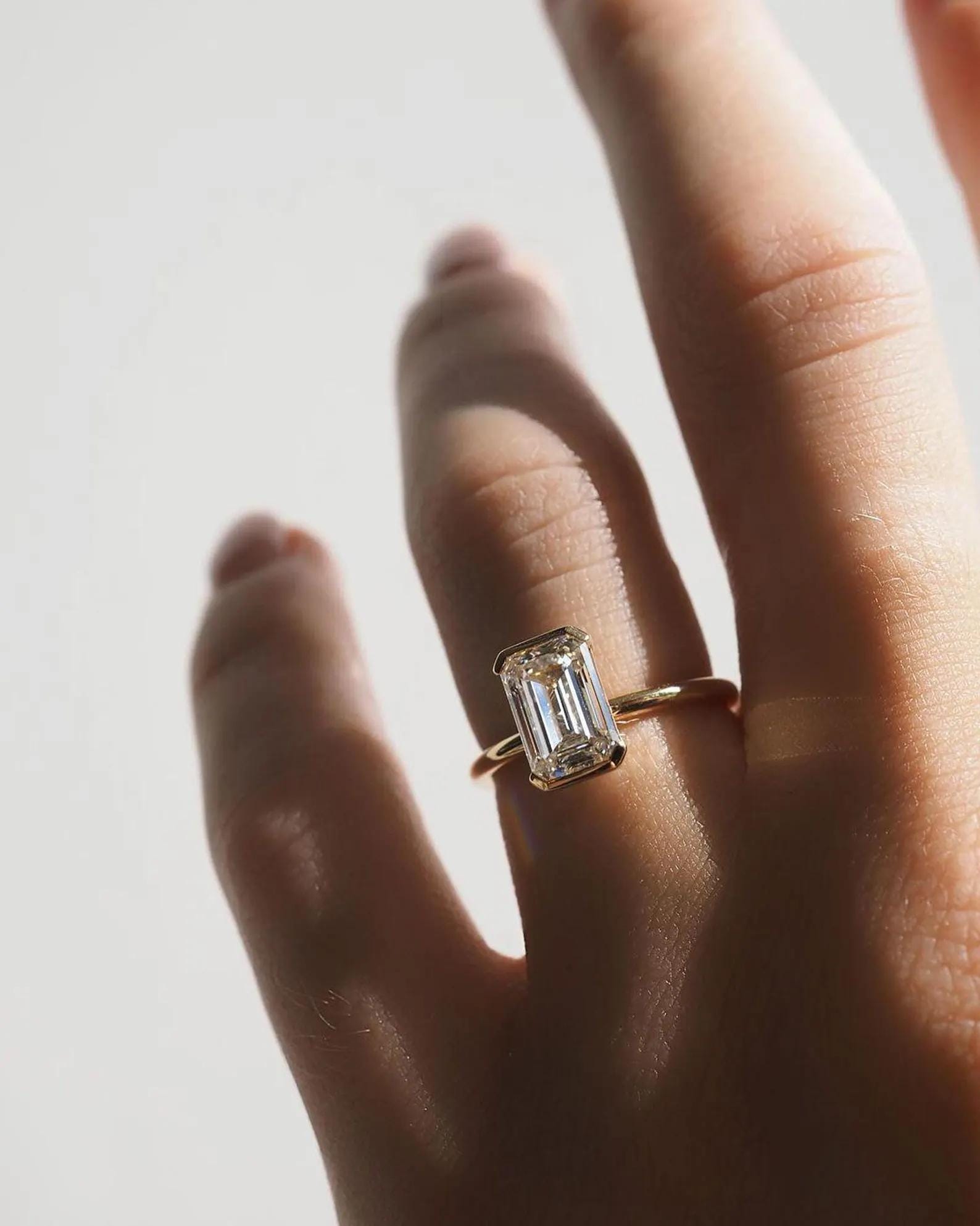 2ct Emerald Cut Lab Diamond Engagement Ring | 14K Gold Half Bezel, IGI Certified