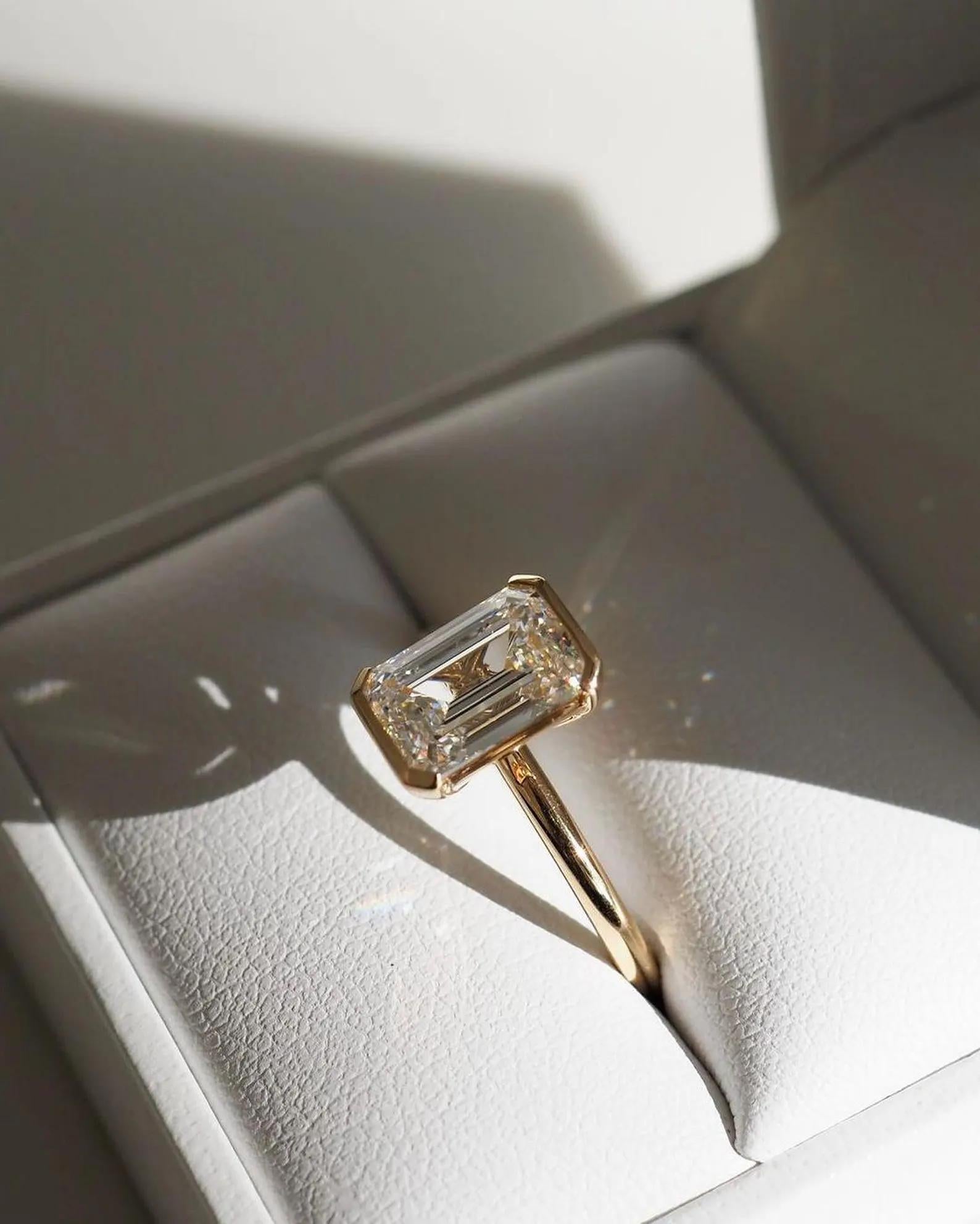 2ct Emerald Cut Lab Diamond Engagement Ring | 14K Gold Half Bezel, IGI Certified