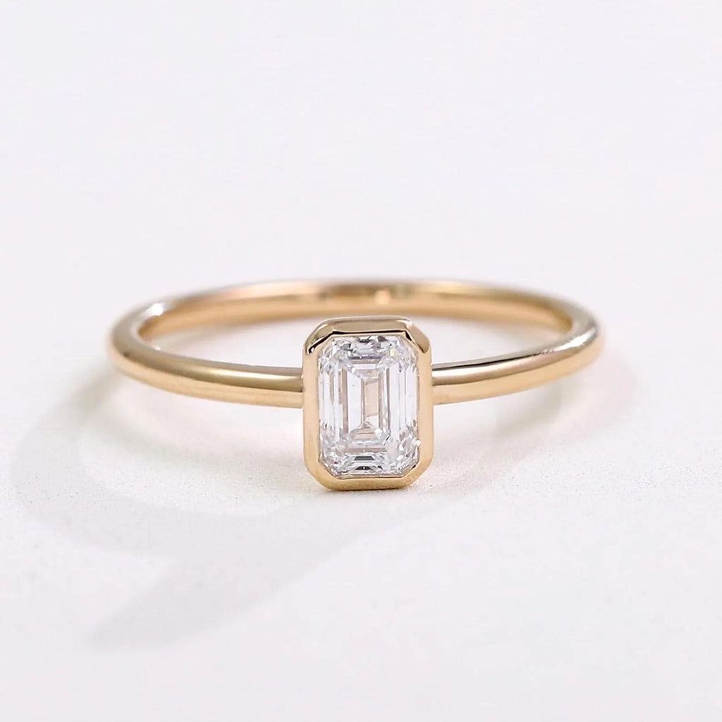 1ct Emerald Cut Lab Grown Diamond Ring | 14K Gold Bezel Solitaire
