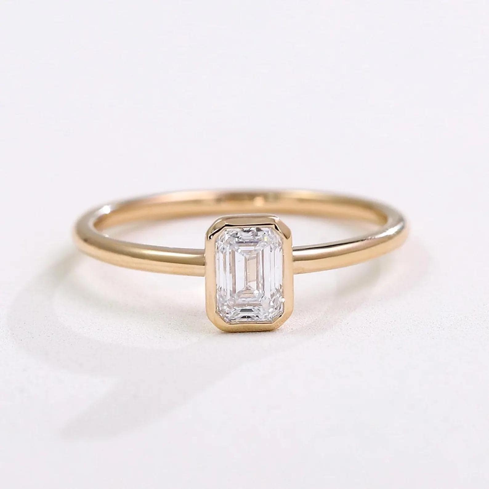 1ct Emerald Cut Lab Grown Diamond Ring | 14K Gold Bezel Solitaire
