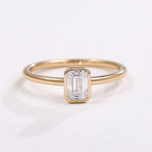 1ct Emerald Cut Lab Grown Diamond Ring | 14K Gold Bezel Solitaire