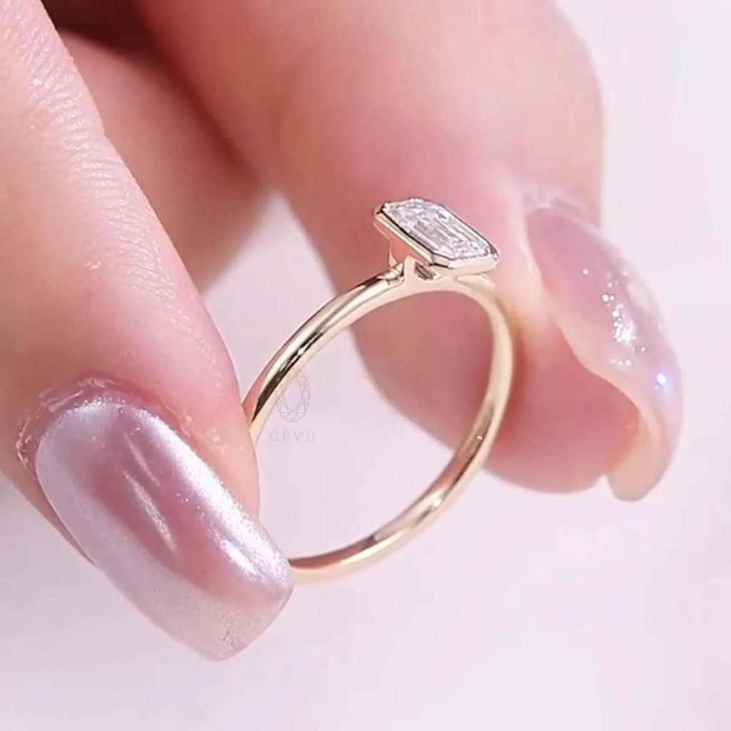 1ct Emerald Cut Lab Grown Diamond Ring | 14K Gold Bezel Solitaire