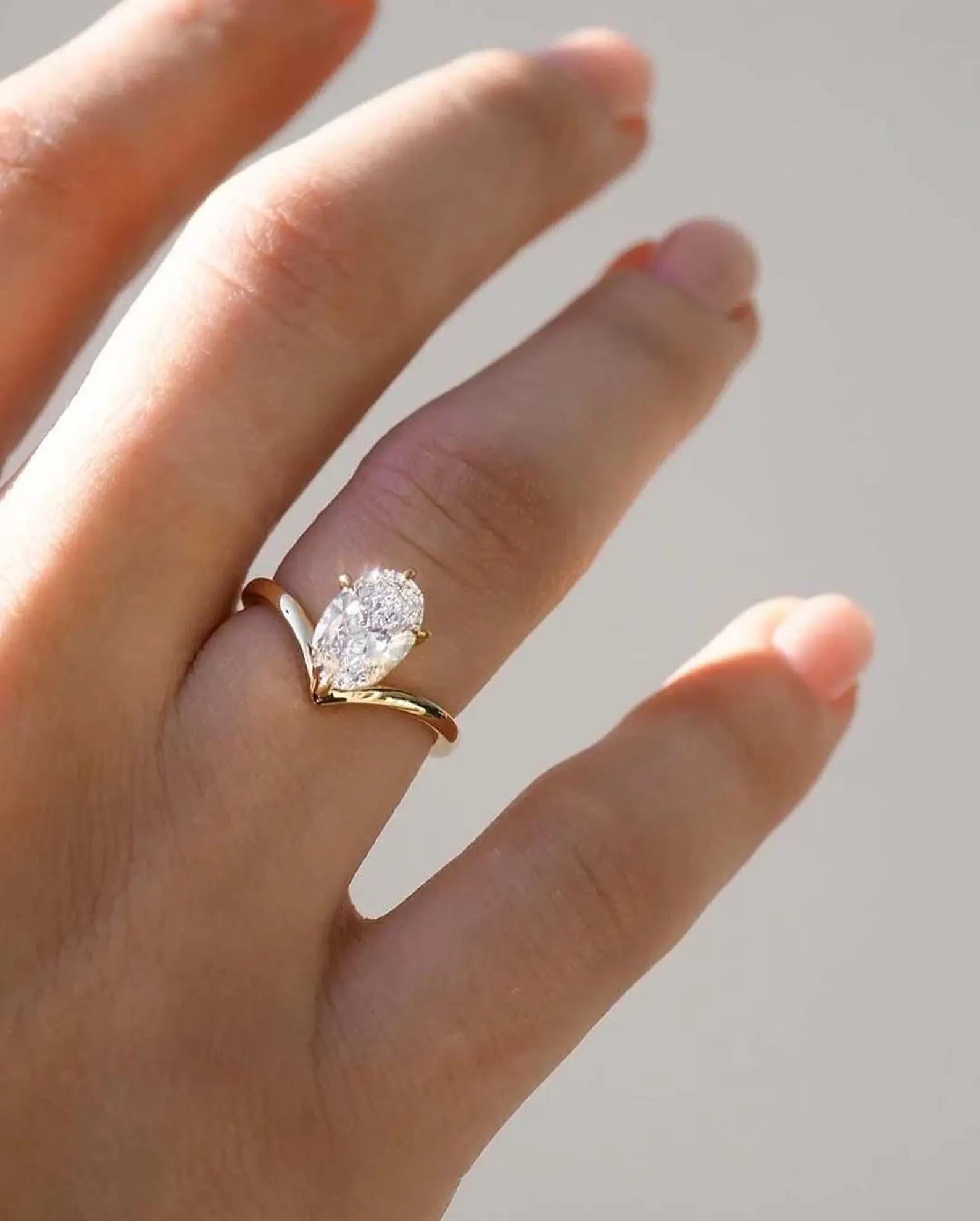 Oval Cut Lab Grown Diamond Engagement Ring | V Shape 14K Gold Chevron Solitaire Ring | Modern Minimal Bridal Ring