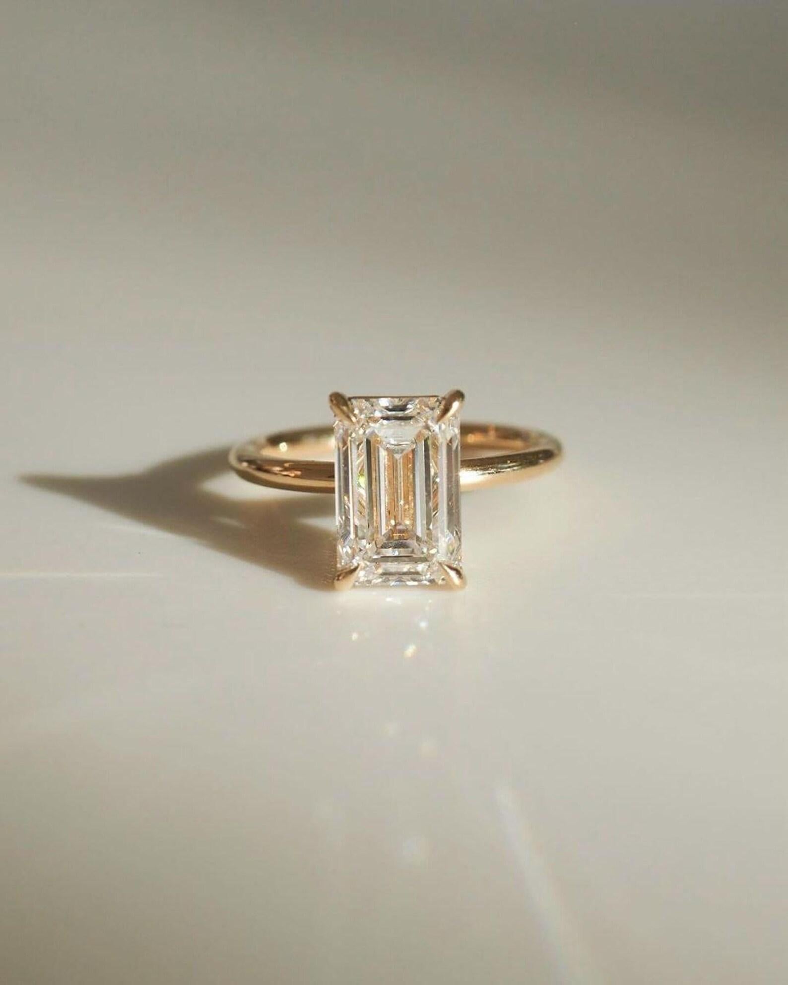 Emerald Cut Lab Grown Diamond Engagement Ring | 14K Gold Solitaire Ring | Minimalist Emerald Diamond Ring for Her