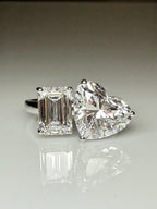 6CT Lab Grown Diamond Toi et Moi Ring: 14K Gold Heart & Emerald Cut