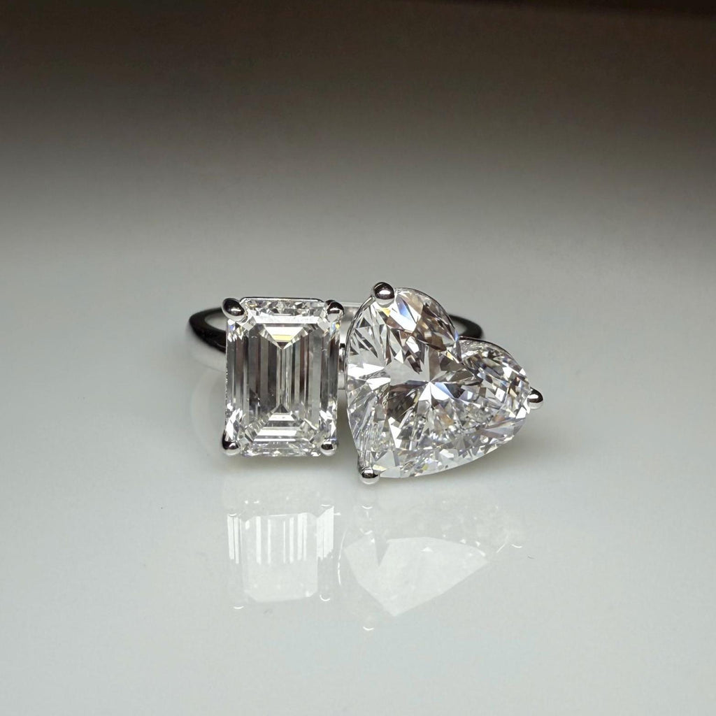 6CT Lab Grown Diamond Toi et Moi Ring: 14K Gold Heart & Emerald Cut