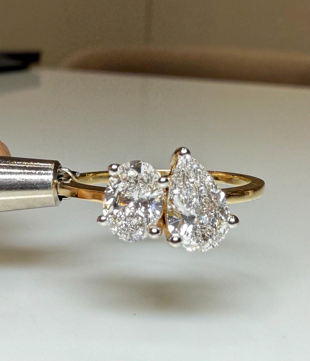 Lab Grown Diamond Toi et Moi Ring: 14K Gold Pear & Oval Cut Engagement Ring