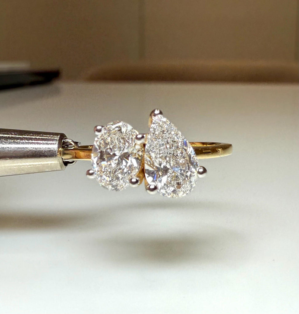 Lab Grown Diamond Toi et Moi Ring: 14K Gold Pear & Oval Cut Engagement Ring