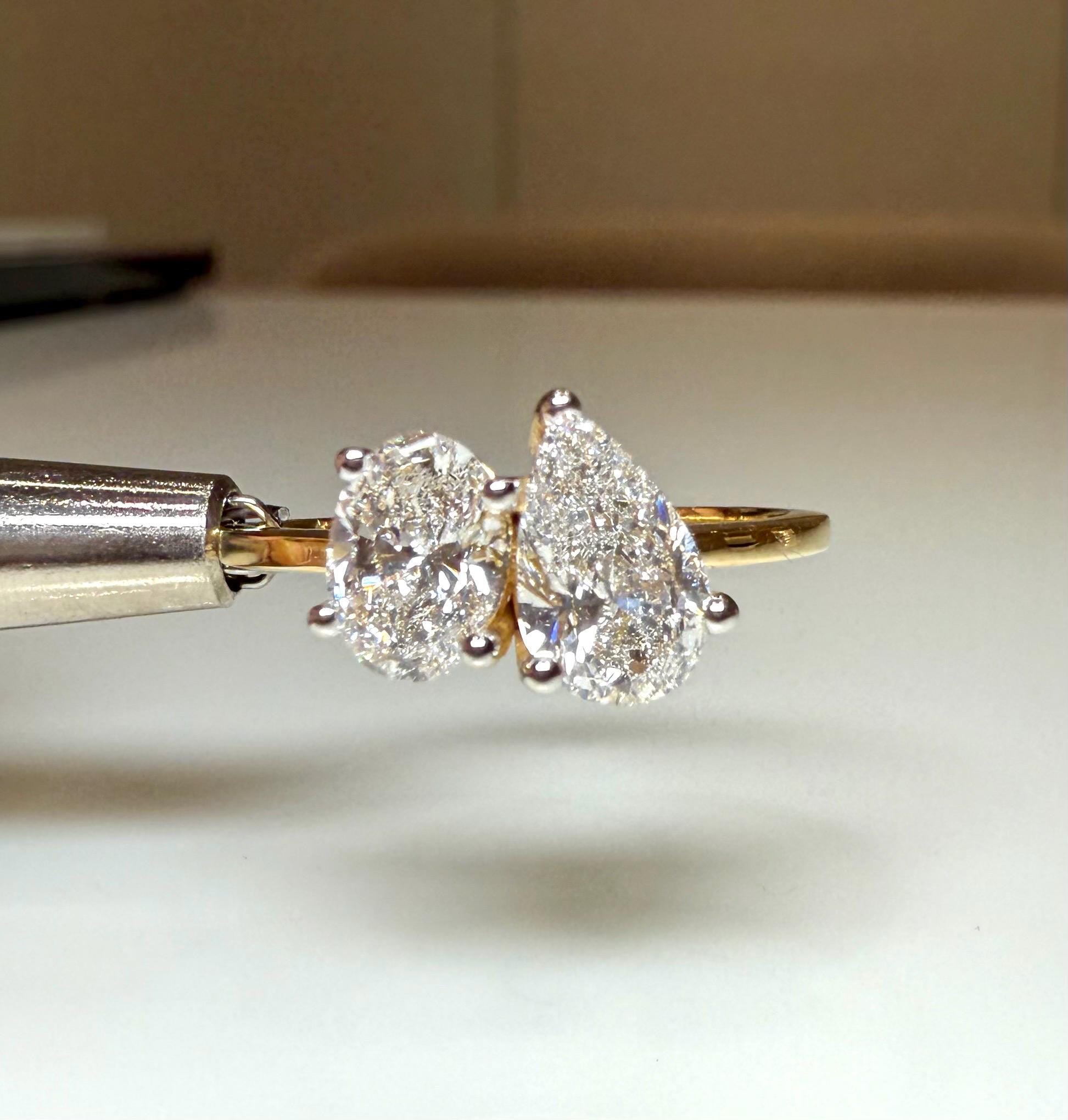 Lab Grown Diamond Toi et Moi Ring: 14K Gold Pear & Oval Cut Engagement Ring