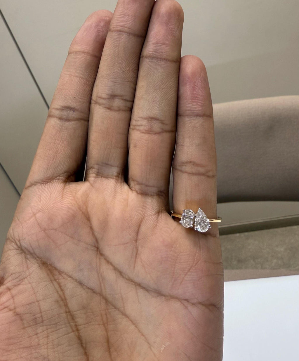 Lab Grown Diamond Toi et Moi Ring: 14K Gold Pear & Oval Cut Engagement Ring