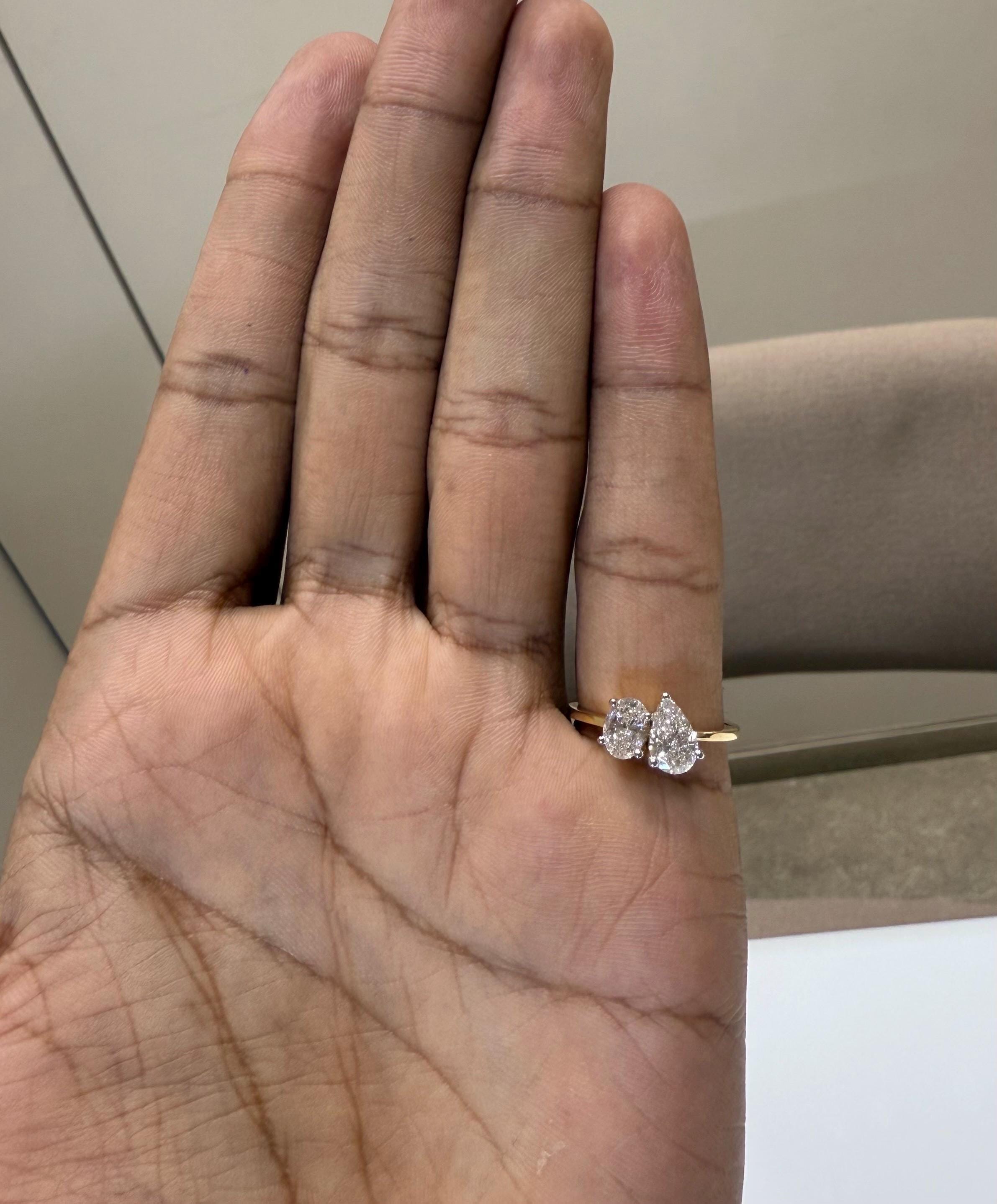 Lab Grown Diamond Toi et Moi Ring: 14K Gold Pear & Oval Cut Engagement Ring
