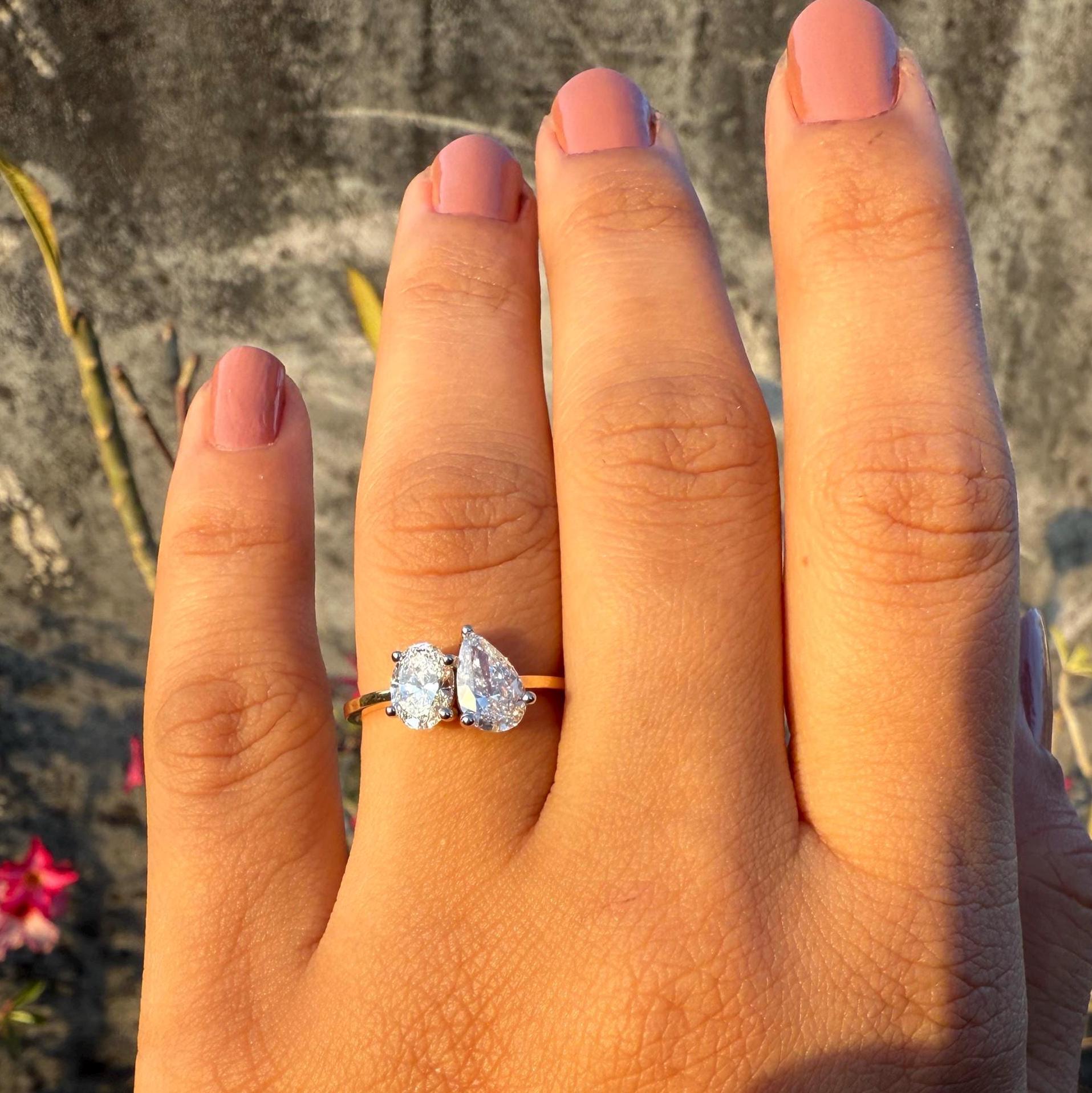 Lab Grown Diamond Toi et Moi Ring: 14K Gold Pear & Oval Cut Engagement Ring