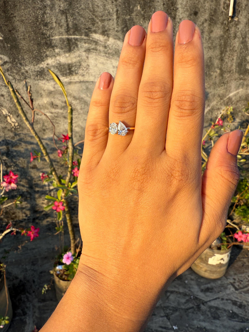 Lab Grown Diamond Toi et Moi Ring: 14K Gold Pear & Oval Cut Engagement Ring