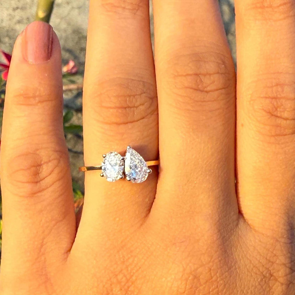 Lab Grown Diamond Toi et Moi Ring: 14K Gold Pear & Oval Cut Engagement Ring