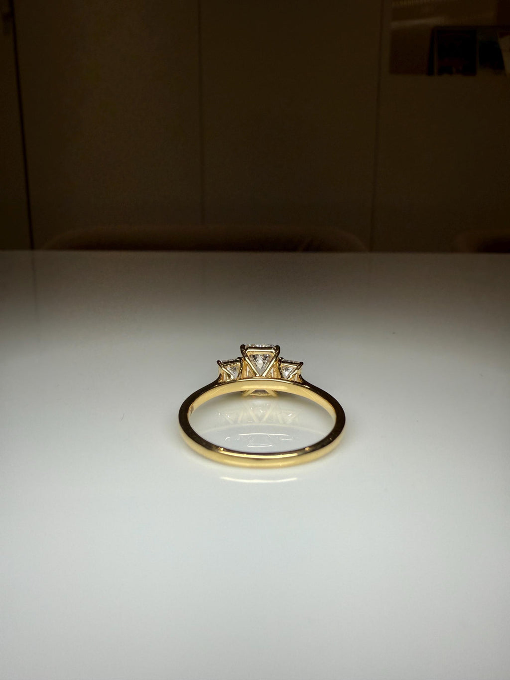 Emerald Cut Lab Grown Diamond Three Stone Ring: 14K Gold Engagement Ring