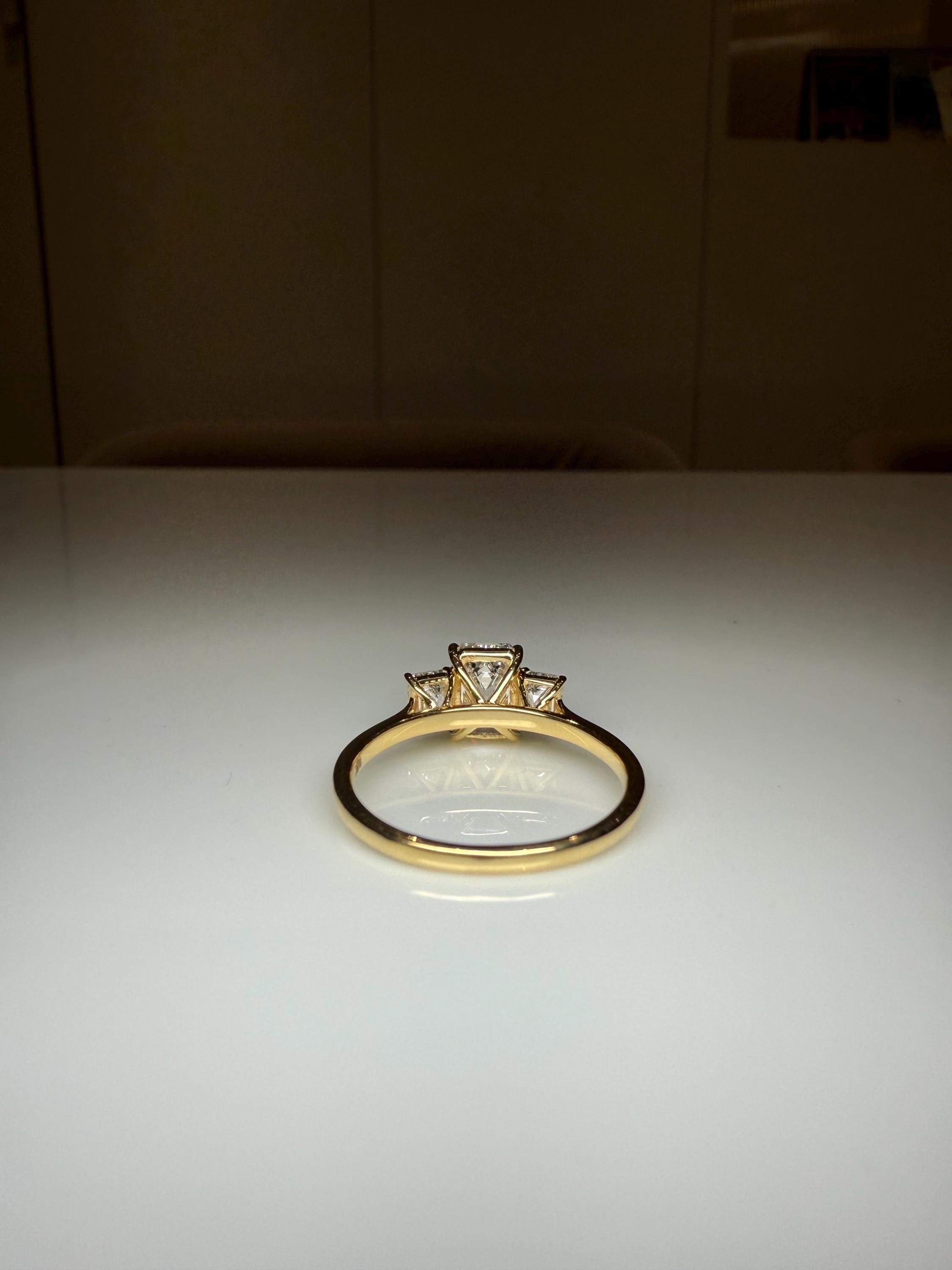 Emerald Cut Lab Grown Diamond Three Stone Ring: 14K Gold Engagement Ring