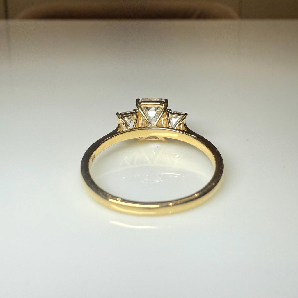 Emerald Cut Lab Grown Diamond Three Stone Ring: 14K Gold Engagement Ring