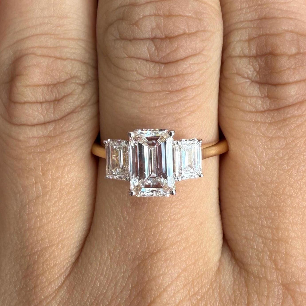 Emerald Cut Lab Grown Diamond Three Stone Ring: 14K Gold Engagement Ring