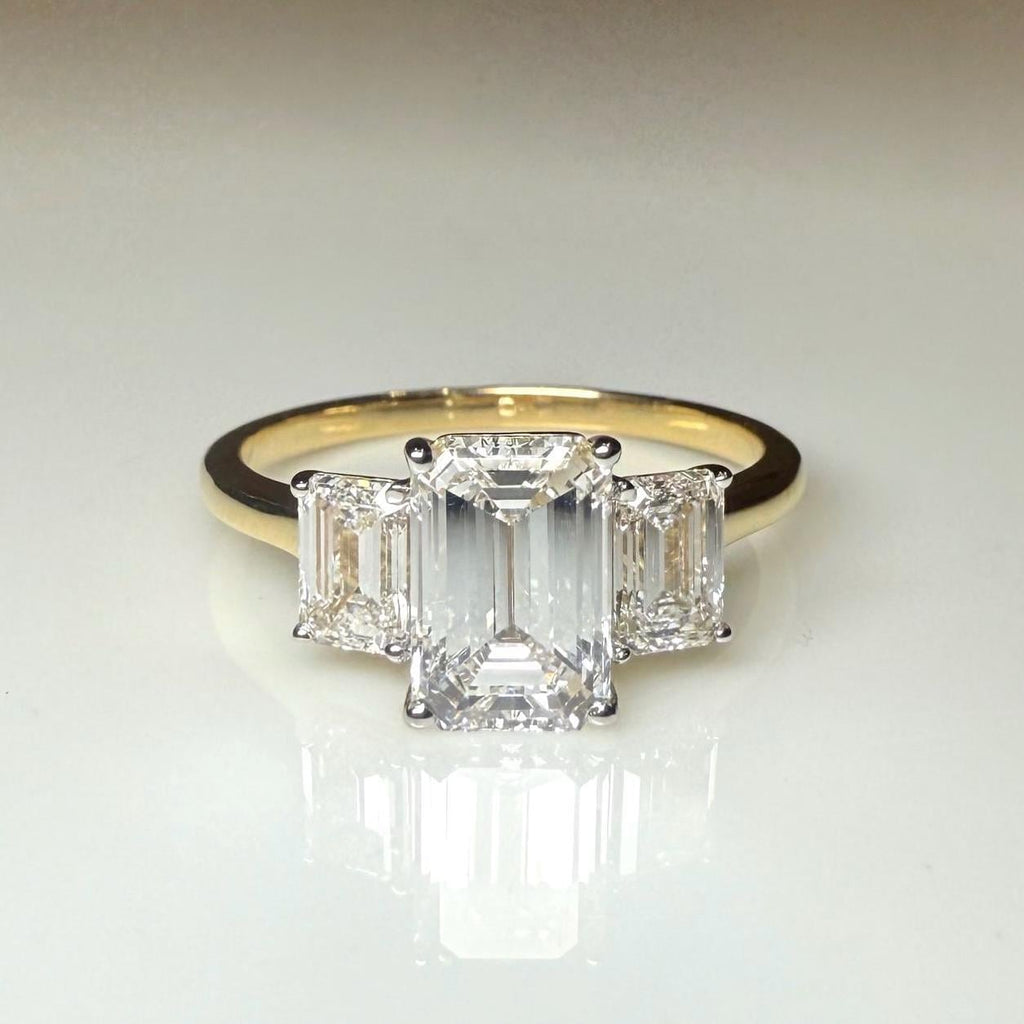 Emerald Cut Lab Grown Diamond Three Stone Ring: 14K Gold Engagement Ring
