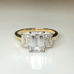 Emerald Cut Lab Grown Diamond Three Stone Ring: 14K Gold Engagement Ring