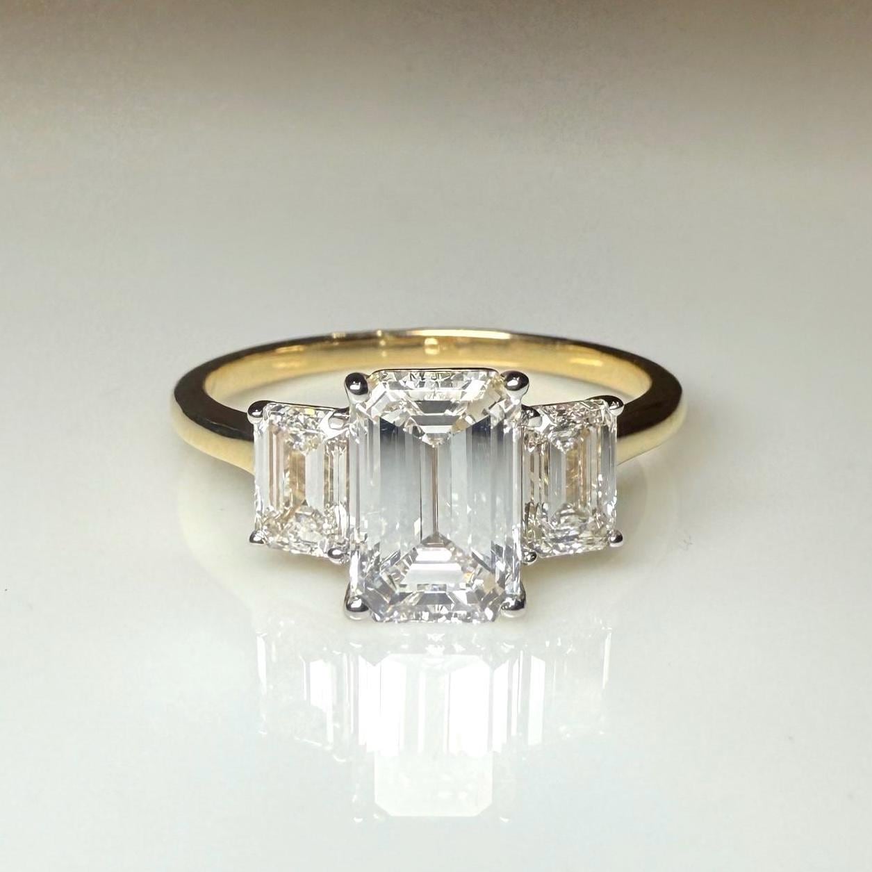 Emerald Cut Lab Grown Diamond Three Stone Ring: 14K Gold Engagement Ring