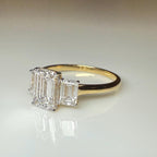 Emerald Cut Lab Grown Diamond Three Stone Ring: 14K Gold Engagement Ring