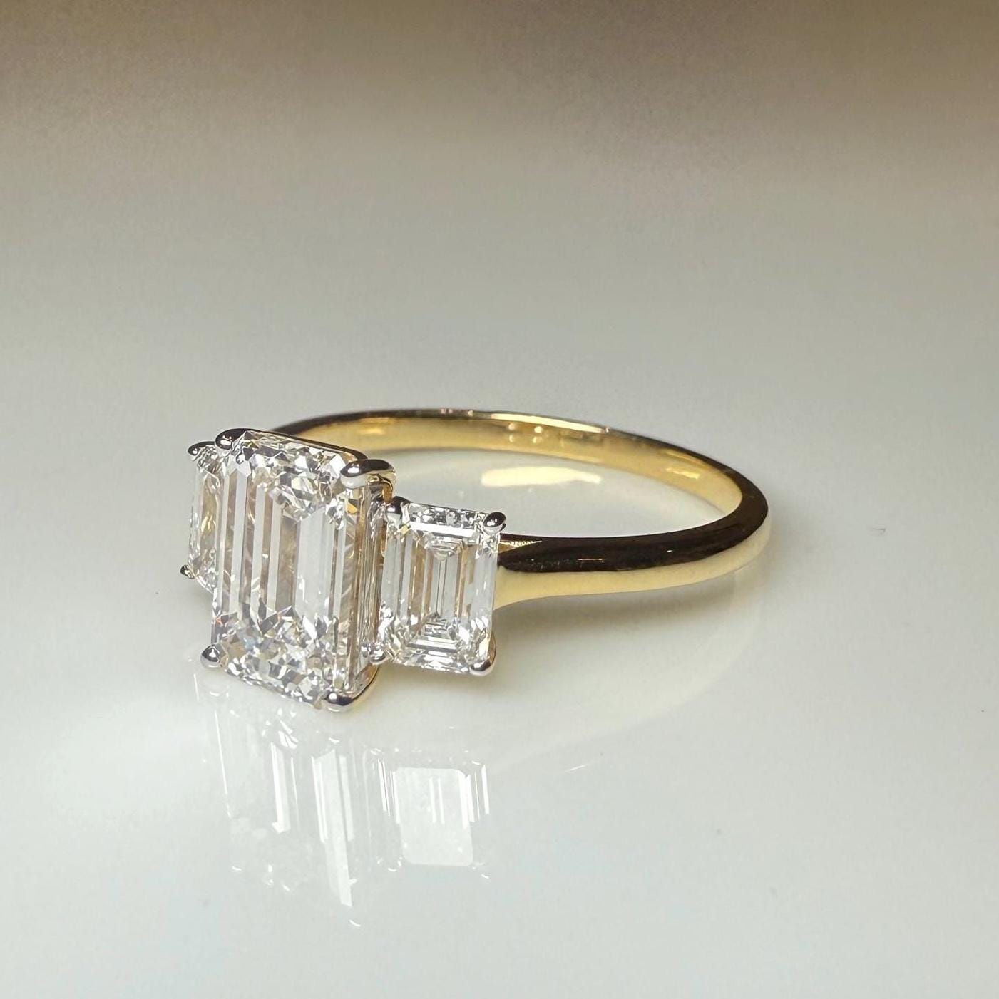 Emerald Cut Lab Grown Diamond Three Stone Ring: 14K Gold Engagement Ring