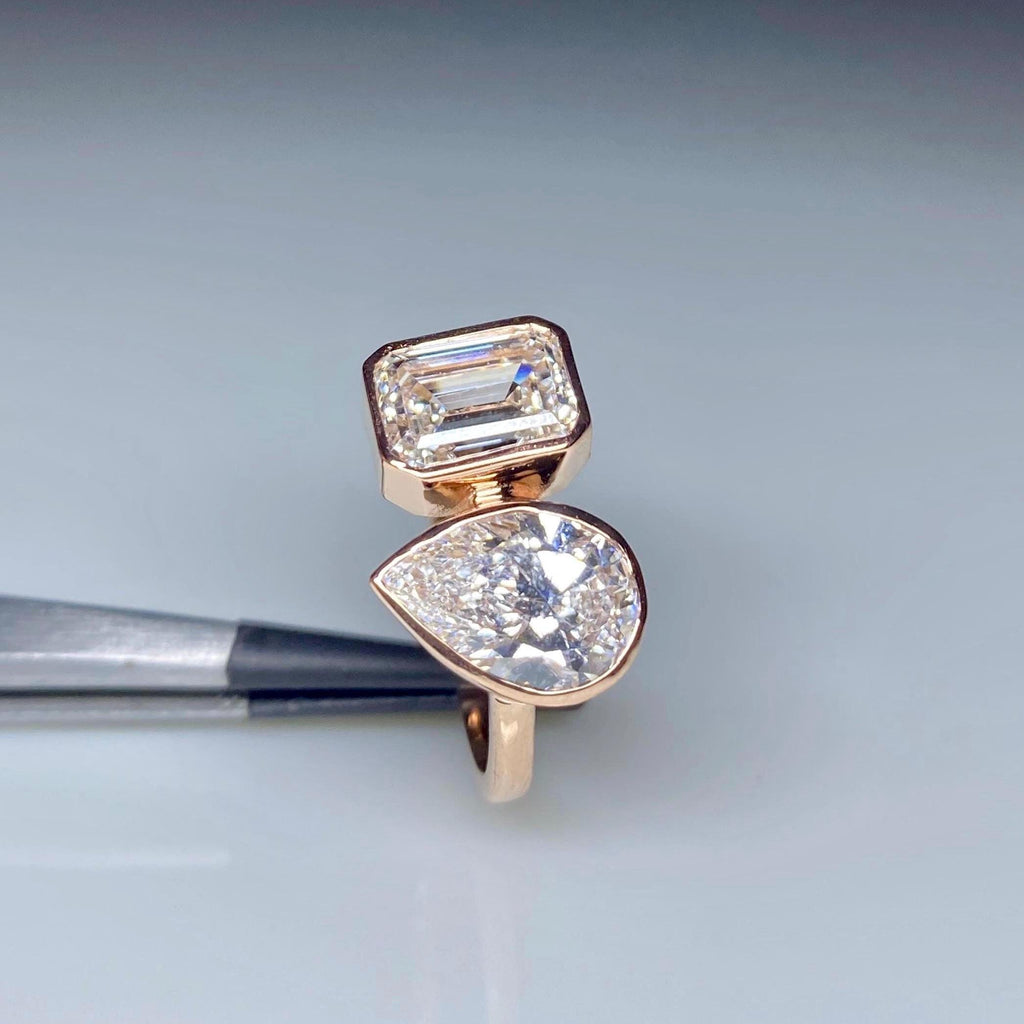Lab Grown Diamond Toi et Moi Ring | Pear Emerald Cut Bezel 14K Gold Certified