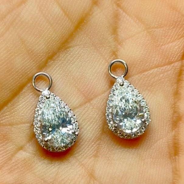 Pear Cut Lab Grown Diamond Hoop Charms Pair | Halo Setting 2.15CTW Teardrop Dangle Charms