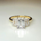 Emerald Cut Lab Grown Diamond Three Stone Ring: 14K Gold Engagement Ring