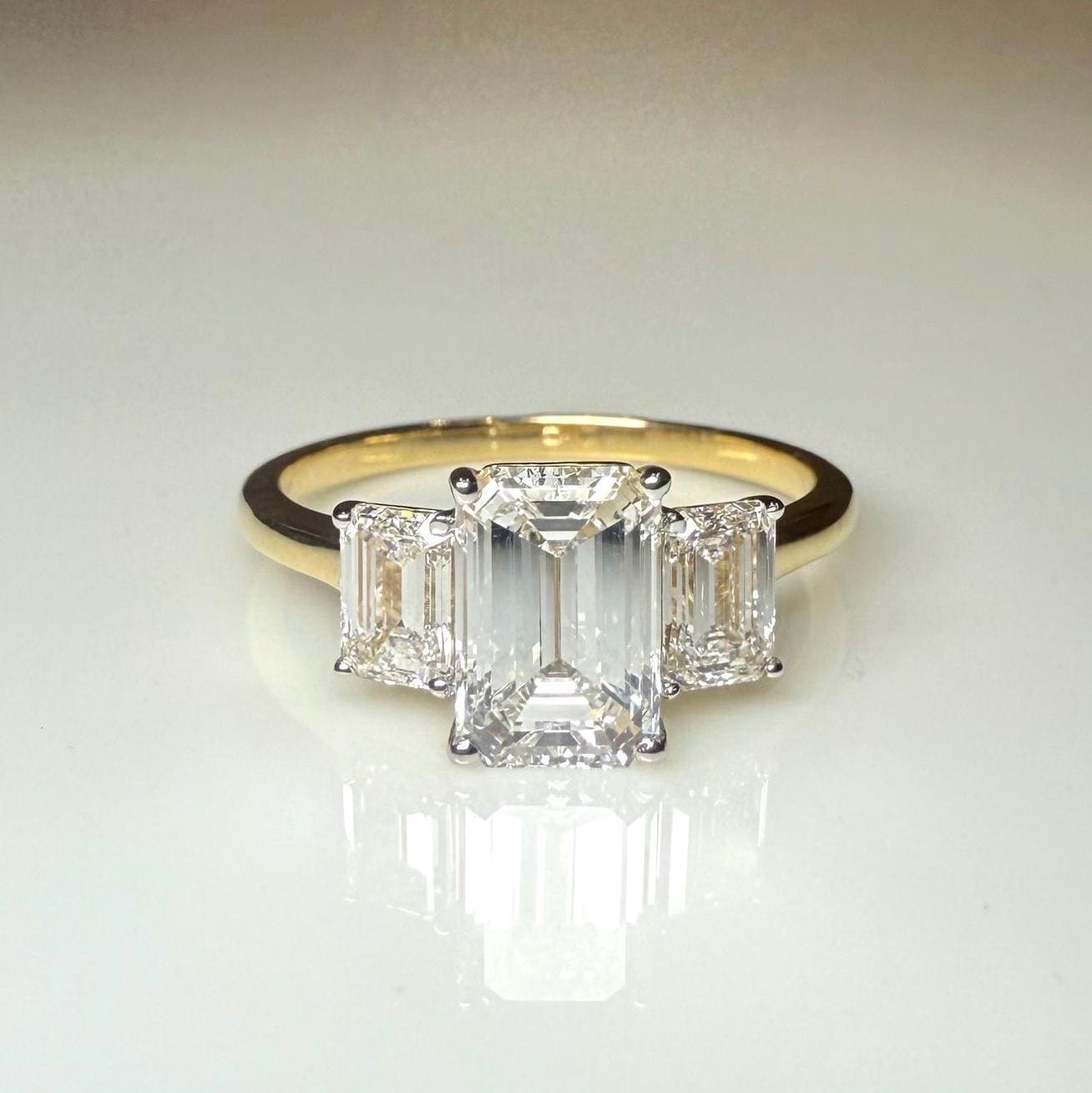 Emerald Cut Lab Grown Diamond Three Stone Ring: 14K Gold Engagement Ring