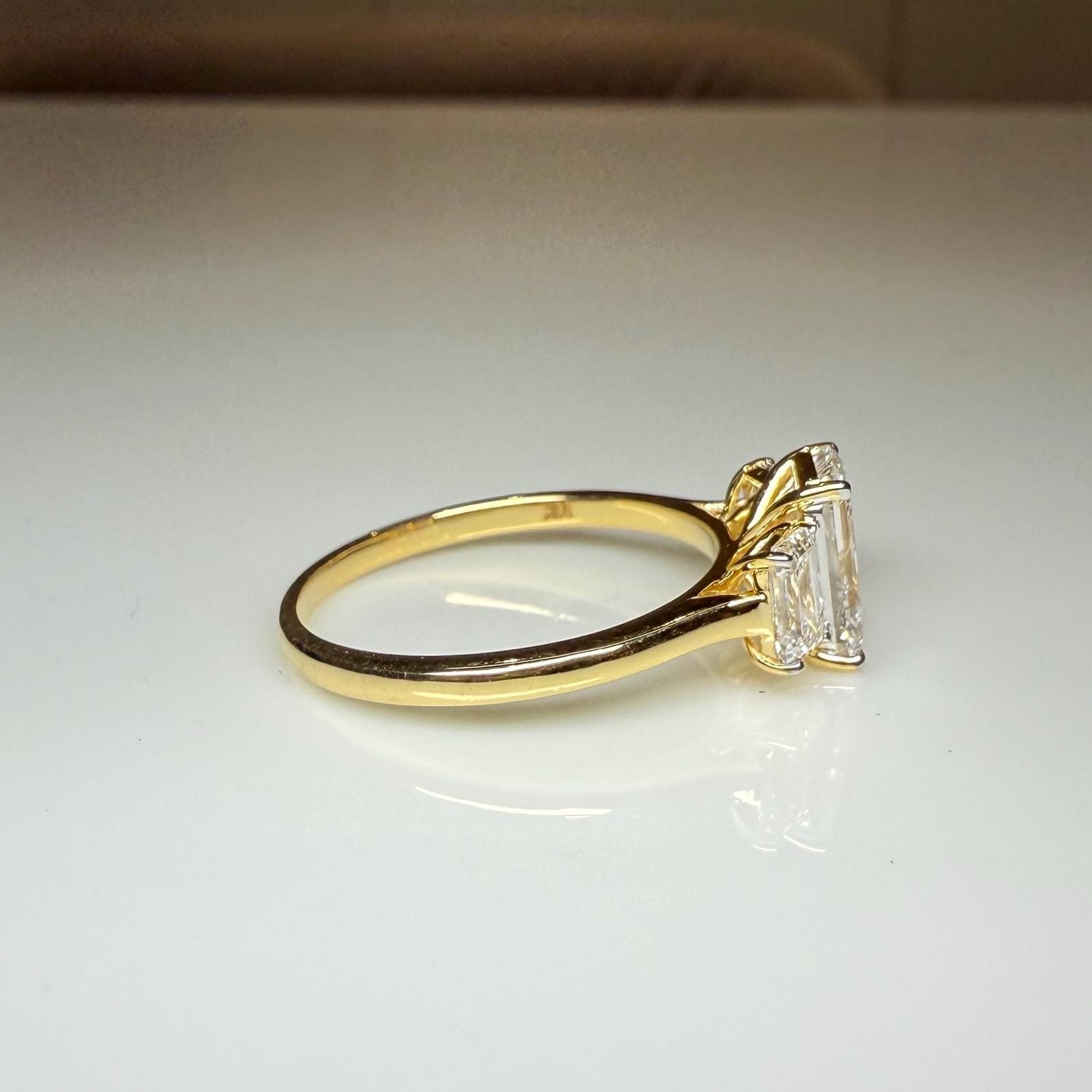 Emerald Cut Lab Grown Diamond Three Stone Ring: 14K Gold Engagement Ring