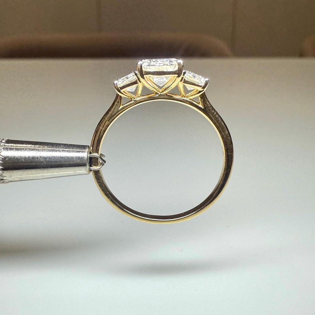 Emerald Cut Lab Grown Diamond Three Stone Ring: 14K Gold Engagement Ring