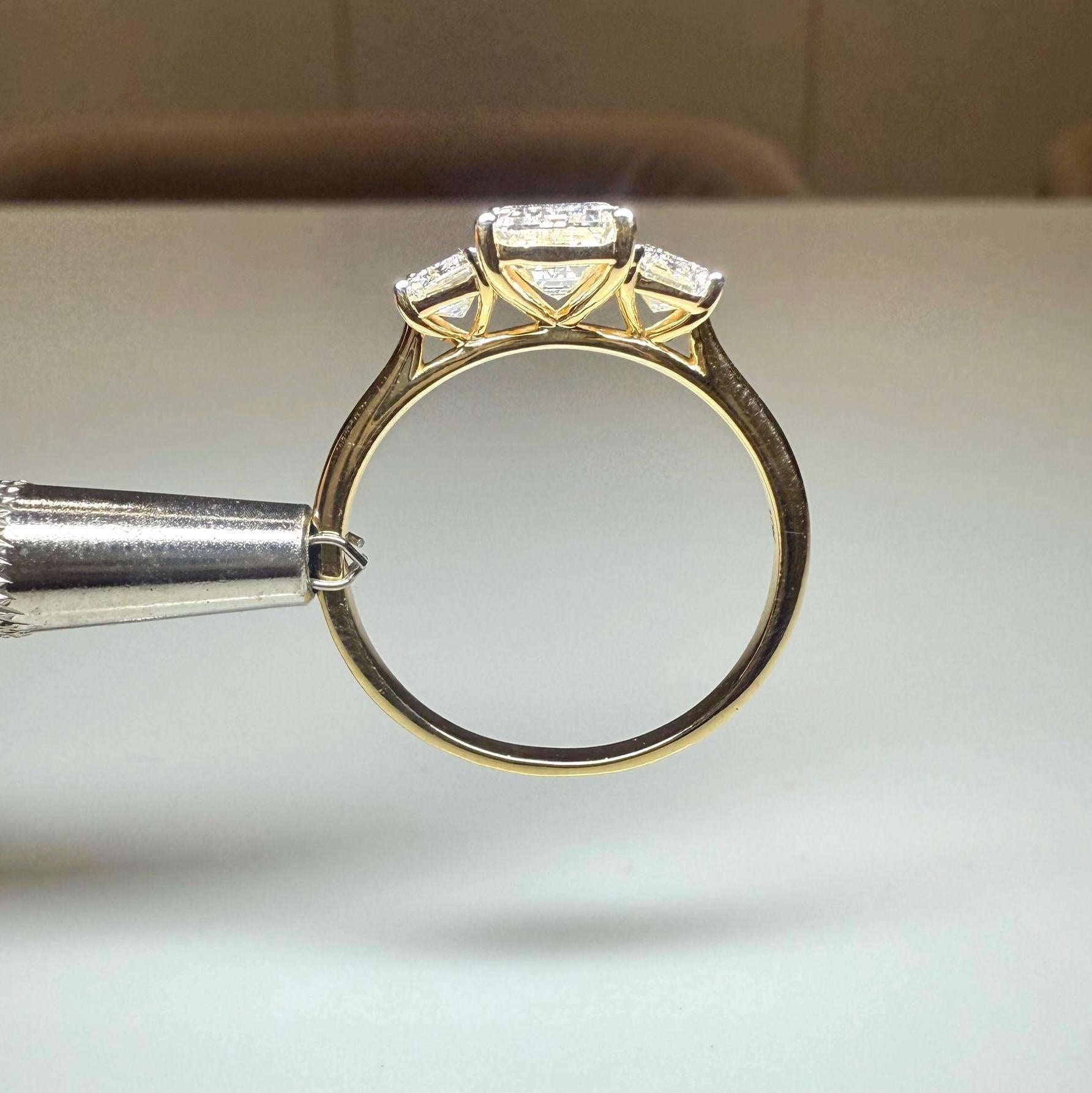 Emerald Cut Lab Grown Diamond Three Stone Ring: 14K Gold Engagement Ring