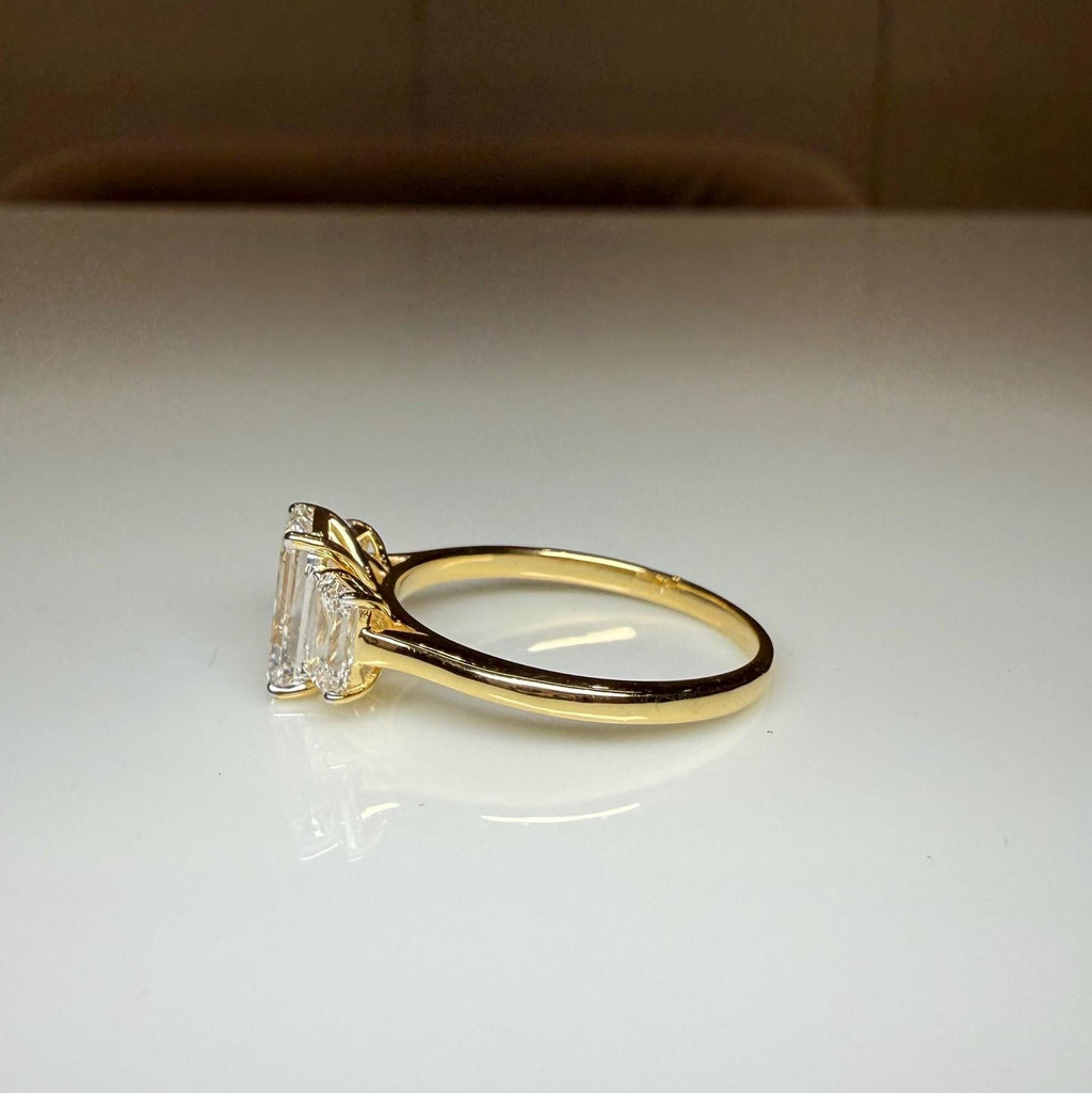 Emerald Cut Lab Grown Diamond Three Stone Ring: 14K Gold Engagement Ring