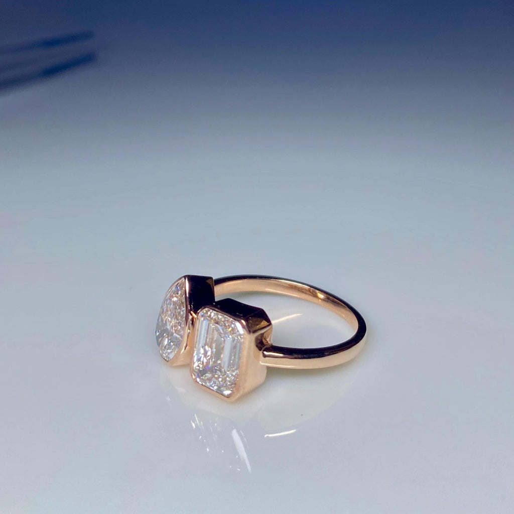 Lab Grown Diamond Toi et Moi Ring | Pear Emerald Cut Bezel 14K Gold Certified