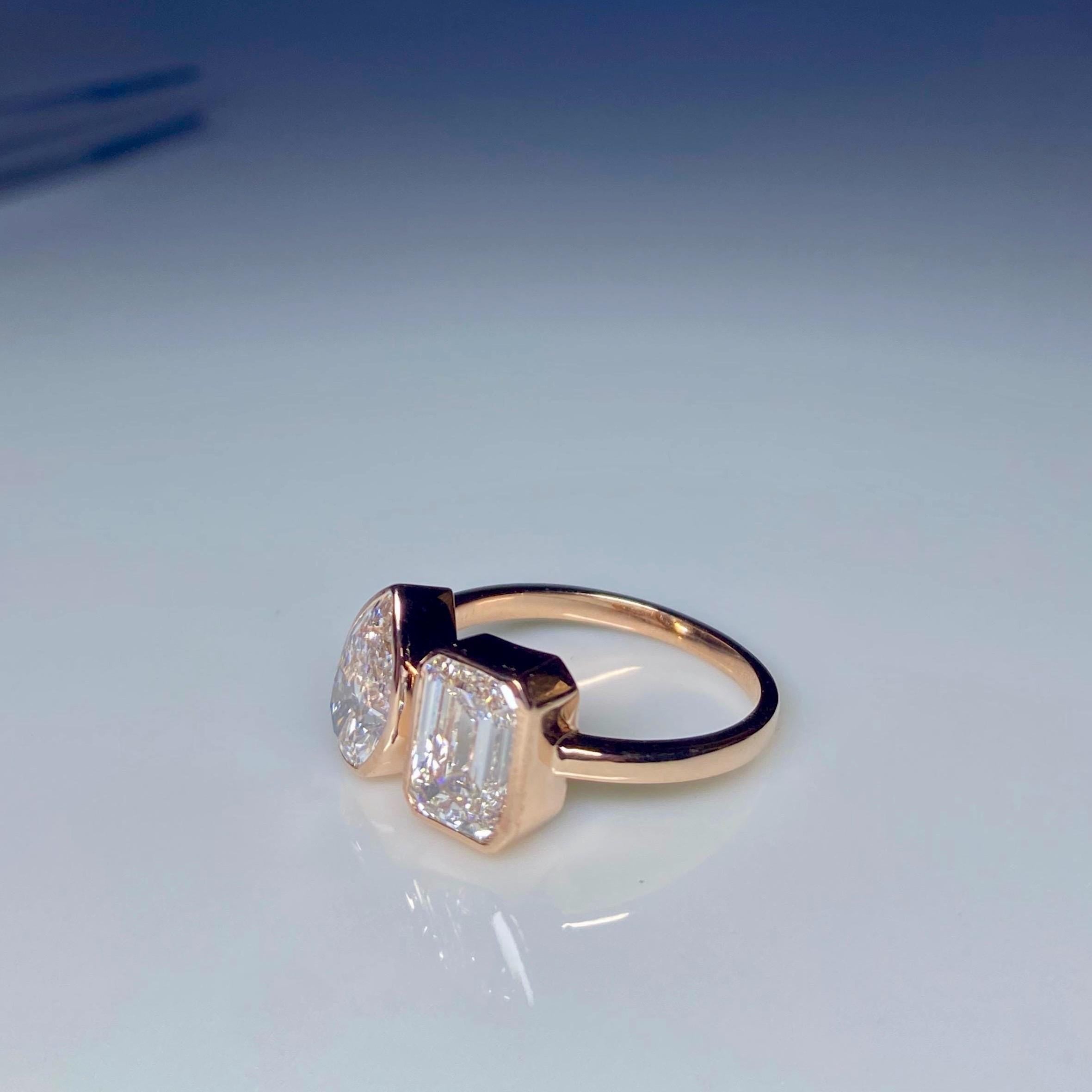 Lab Grown Diamond Toi et Moi Ring | Pear Emerald Cut Bezel 14K Gold Certified