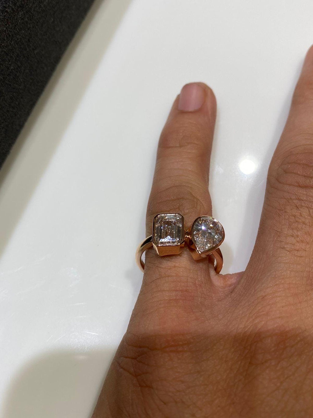 Lab Grown Diamond Toi et Moi Ring | Pear Emerald Cut Bezel 14K Gold Certified