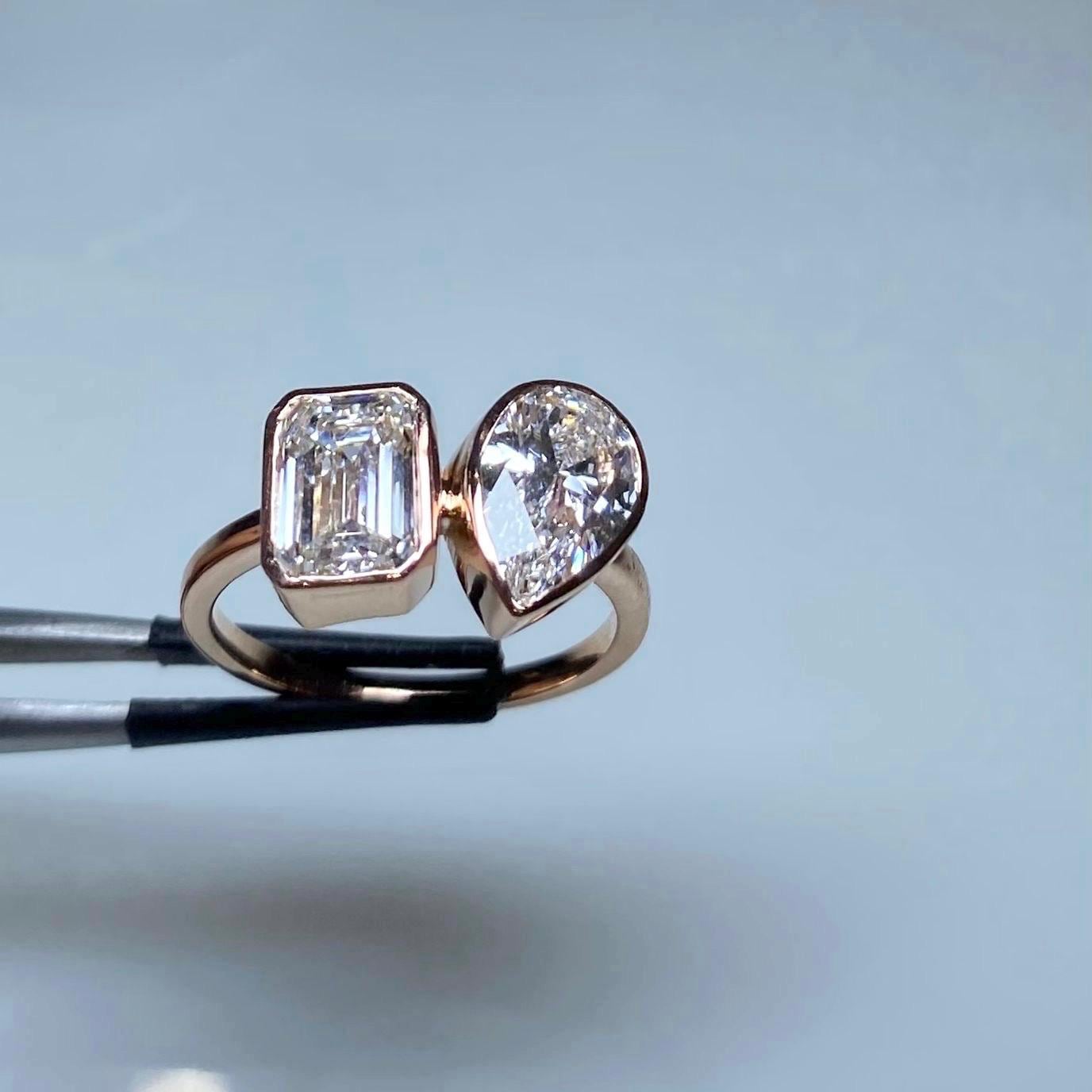 Lab Grown Diamond Toi et Moi Ring | Pear Emerald Cut Bezel 14K Gold Certified