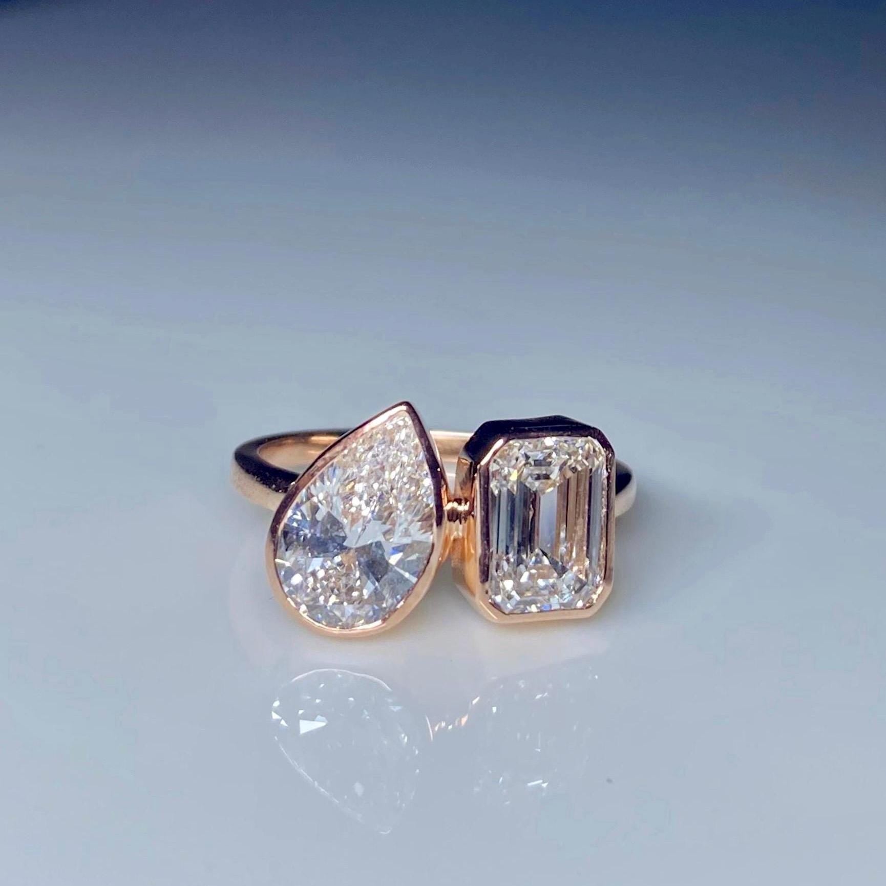 Lab Grown Diamond Toi et Moi Ring | Pear Emerald Cut Bezel 14K Gold Certified